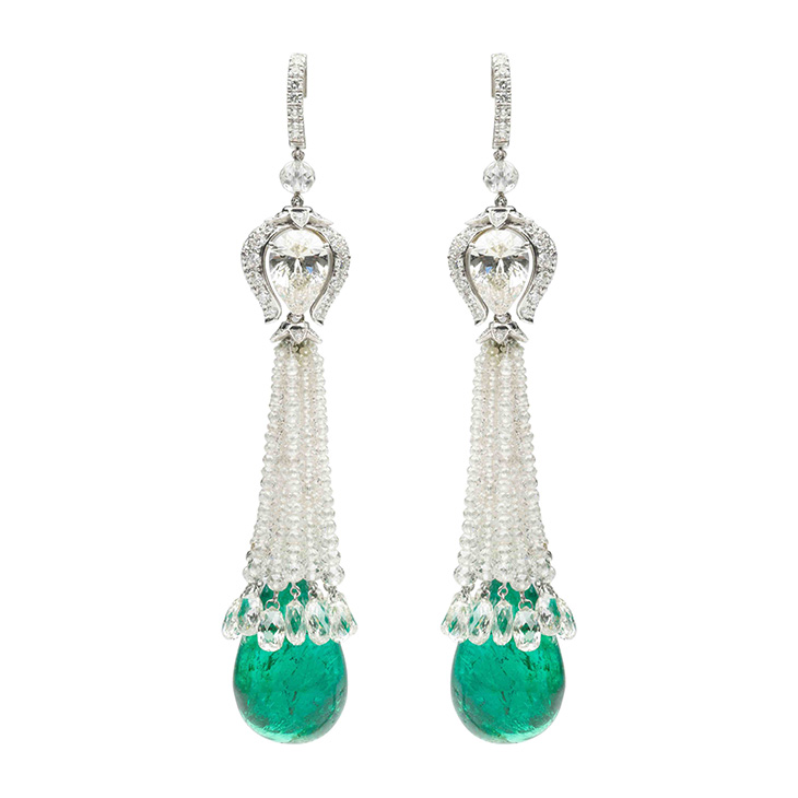 A Pair of Emerald and Diamond Ear Pendants, by Bhagat