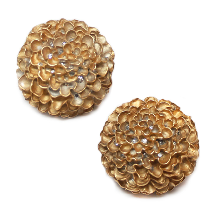 A Pair of Gold and Diamond Chrysanthemum Ear Clips, by JAR
