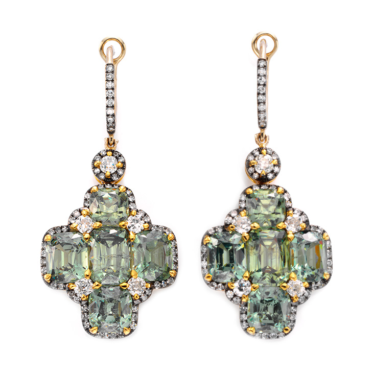 A Pair of Demantoid Garnet and Diamond Ear Pendants