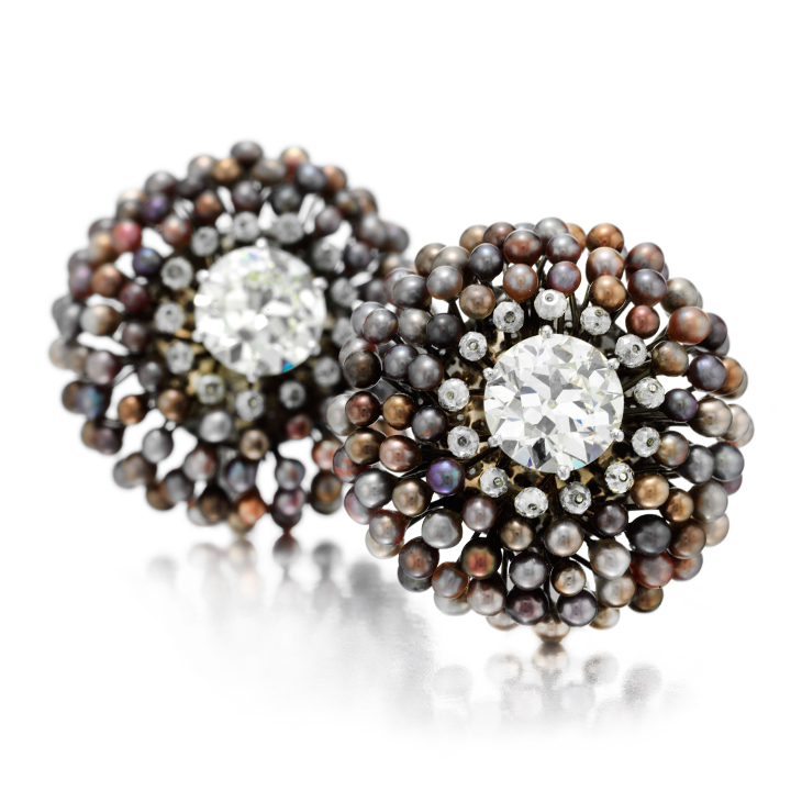 A Pair of Natural Pearl and Diamond Ear Clips, by Bhagat