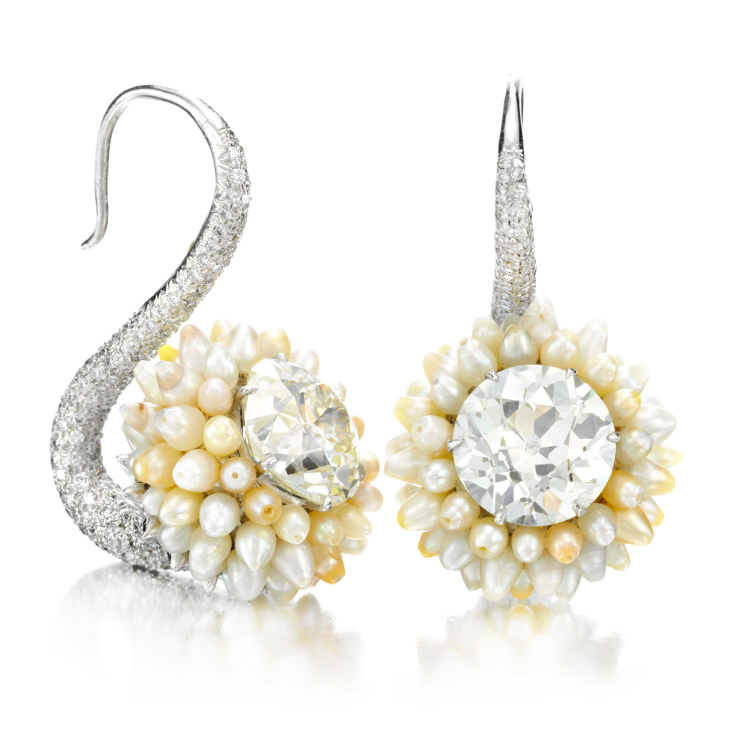 A Pair of Natural Pearl and Diamond Ear Pendants, by Bhagat