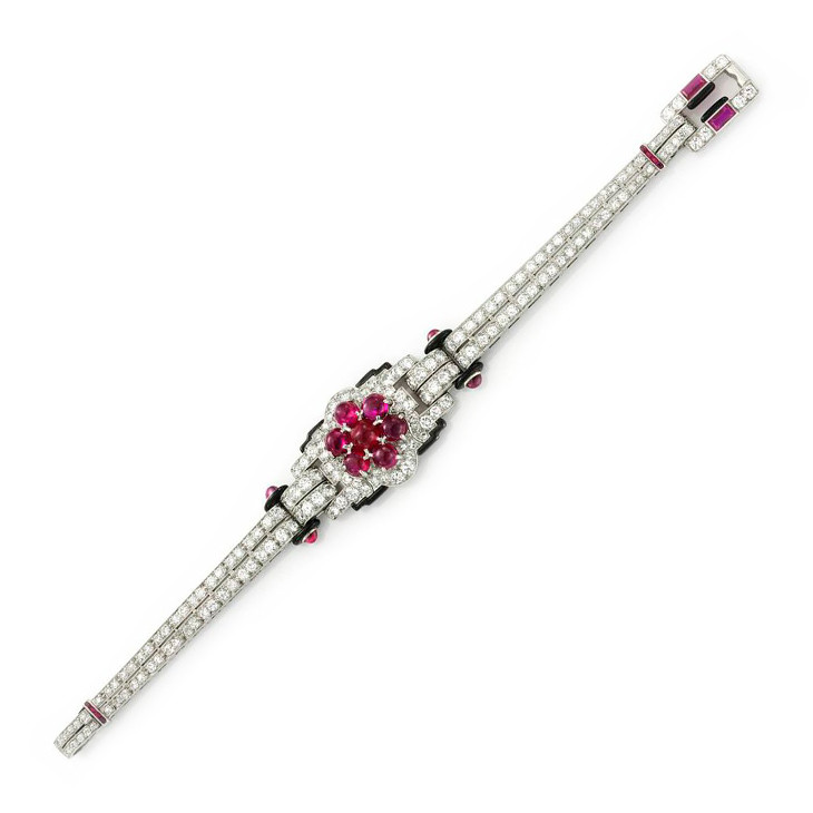 An Art Deco Ruby, Diamond and Enamel Bracelet, by Cartier, circa 1925