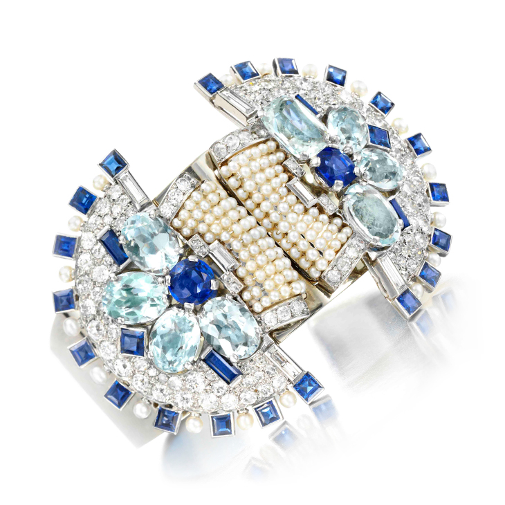 An Art Deco Natural Pearl, Sapphire and Diamond Cuff, by Cartier, circa 1930