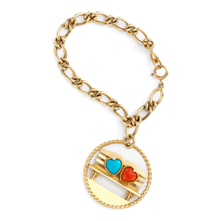 A Turquoise, Coral and Gold Charm Bracelet, by Cartier, circa 1960