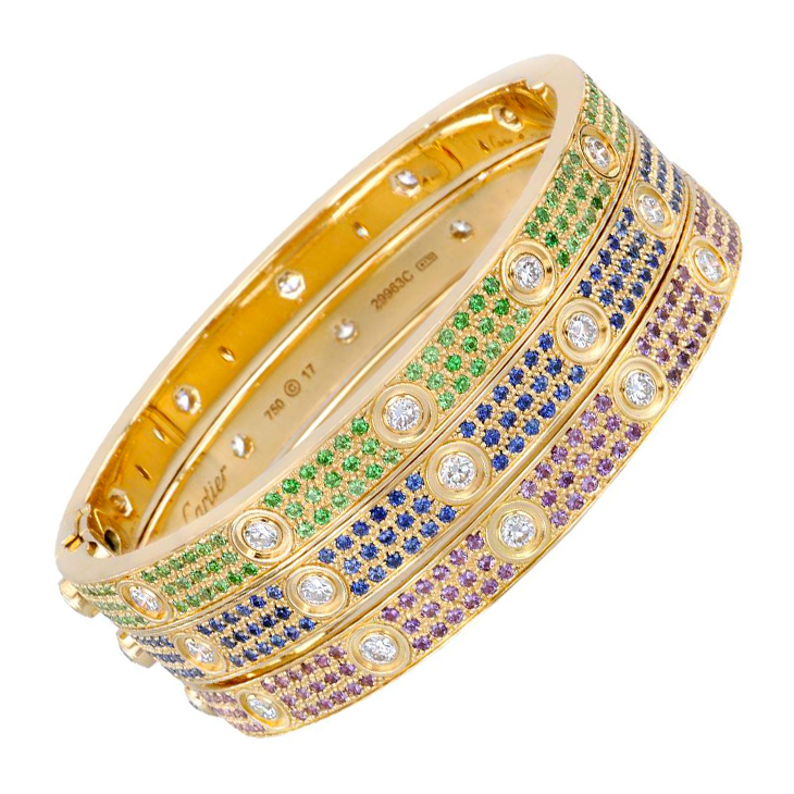 A Set of Multi-gem and Diamond Love Bracelets, by Cartier