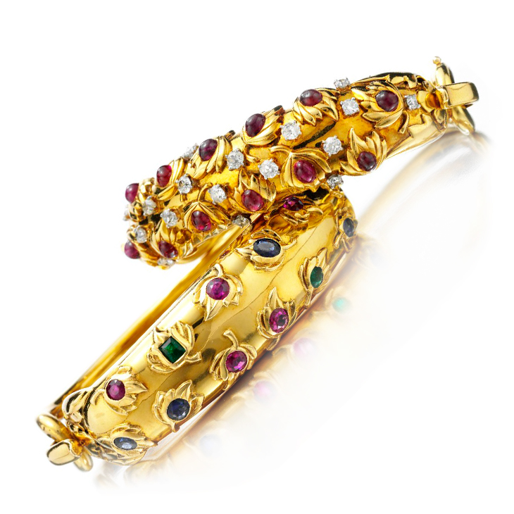 A Pair of Retro Multi-gem Bangles, by Cartier, circa 1945