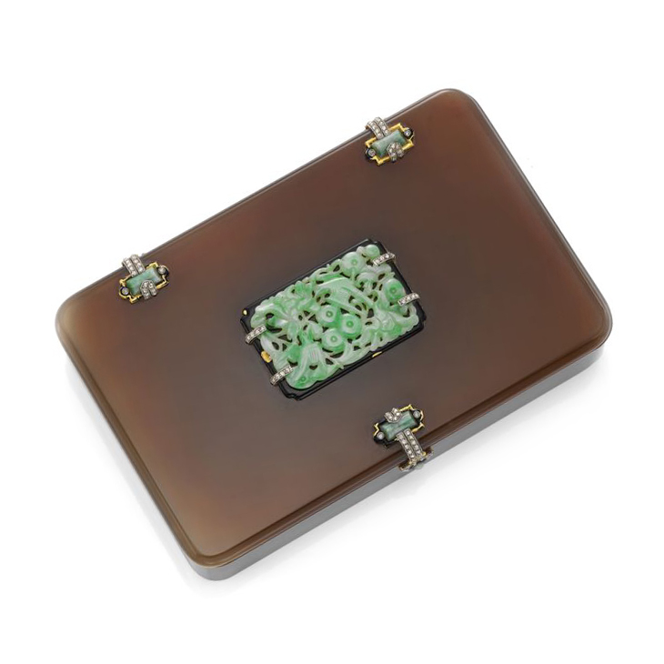An Art Deco Jade, Enamel, Diamond and Agate Snuff Case, by Cartier, circa 1920
