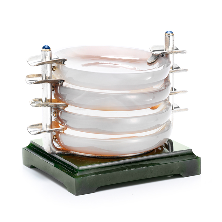 A Set of Art Deco Agate and Jadeite Ashtrays, by Cartier
