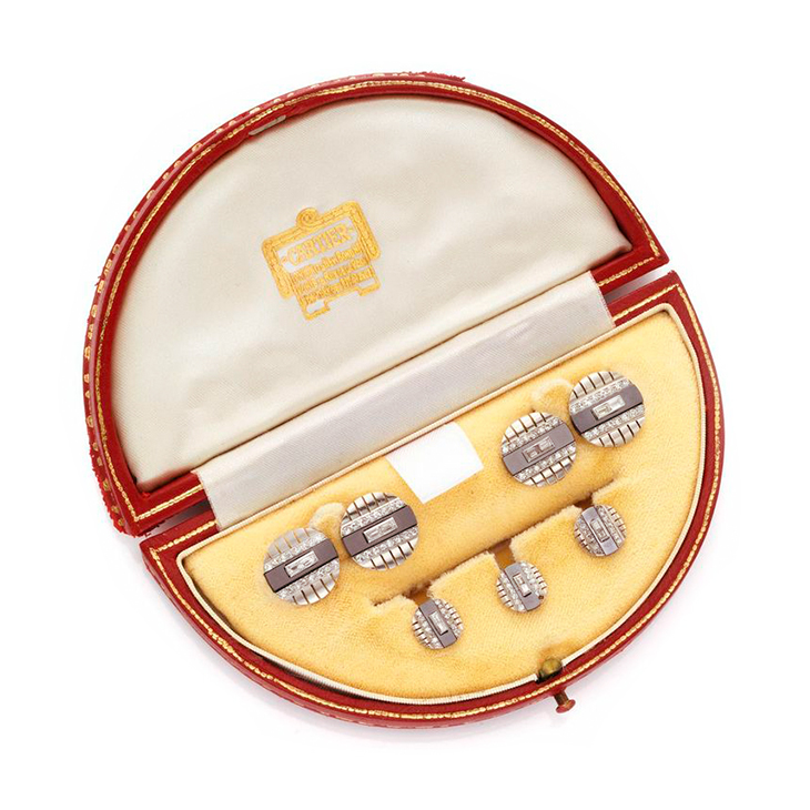 An Art Deco Diamond, Hematite and Platinum Dress Set, by Cartier, circa 1920
