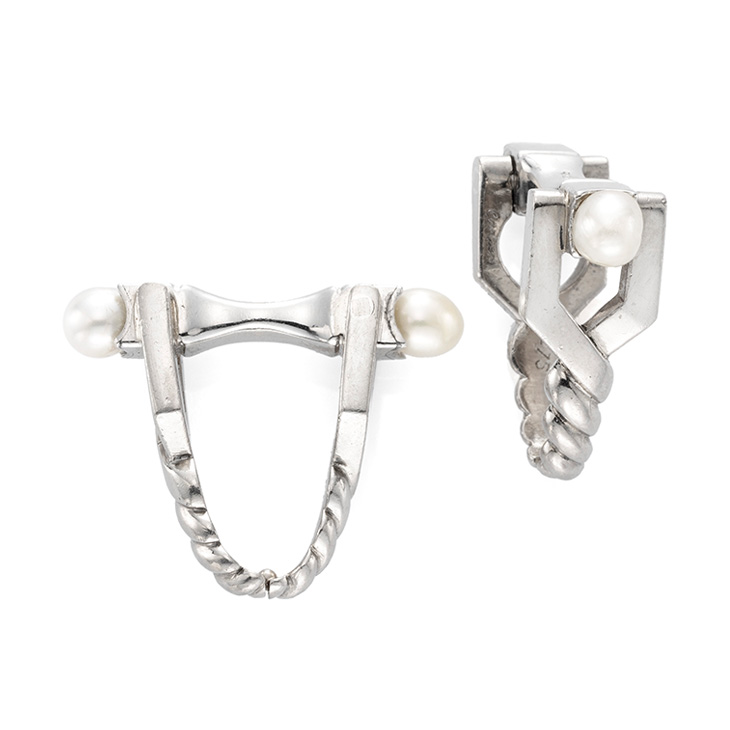 A Pair of Natural Pearl and Platinum Cufflinks, by Cartier