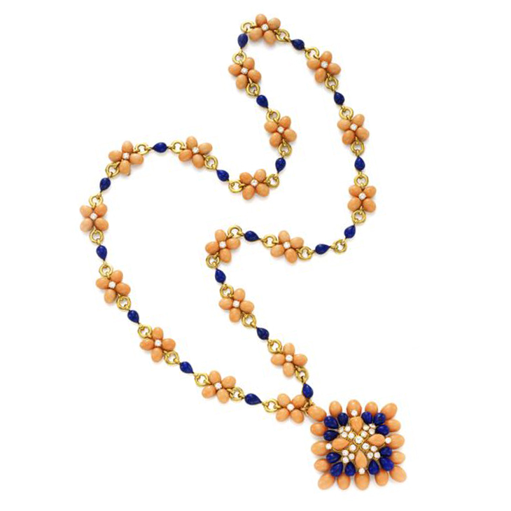A Lapis Lazuli, Coral and Diamond Sautoir, circa 1970