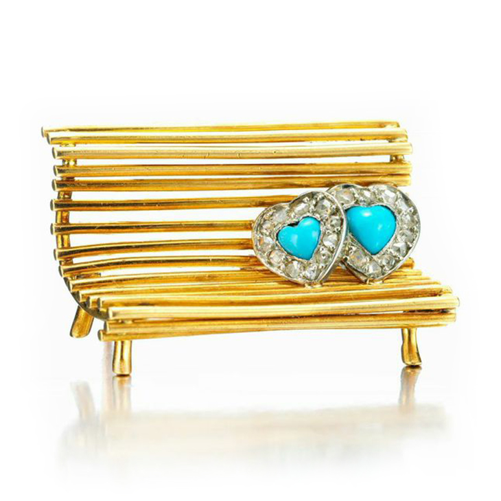 A Turquoise and Diamond 'Lovers on a Bench' Brooch, by Cartier
