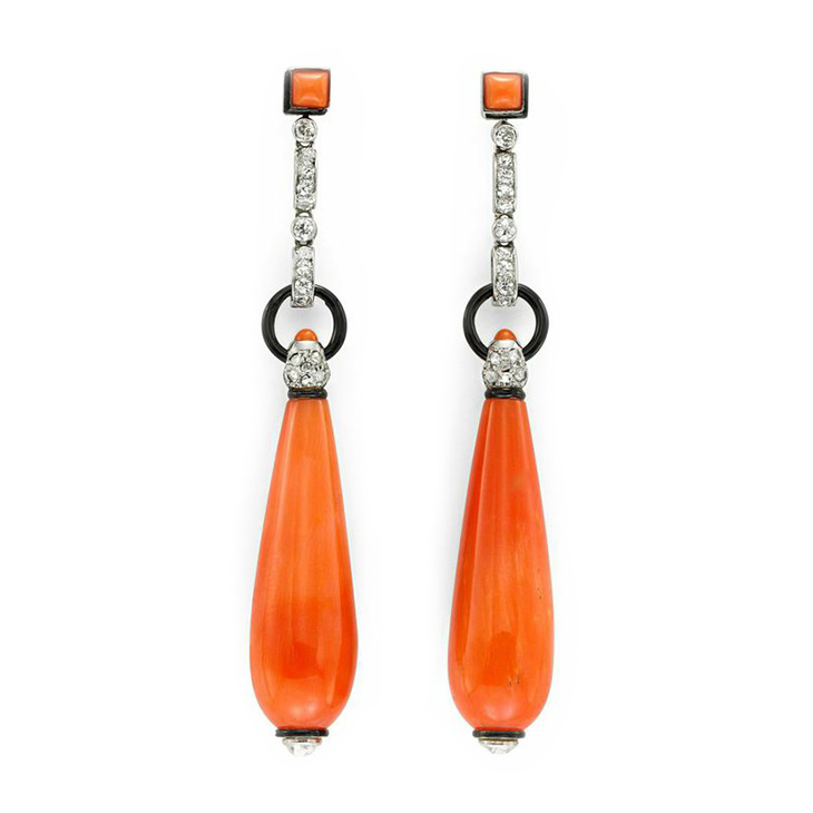 A Pair of Art Deco Enamel, Diamond and Coral Ear Pendants, by Cartier