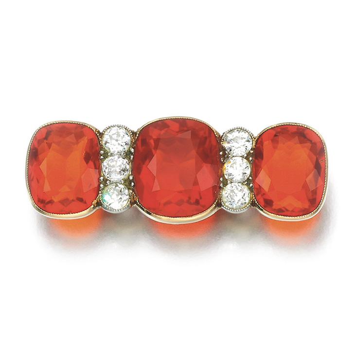An Antique Fire Opal and Diamond Bar Pin