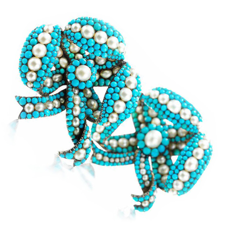 A Pair of Antique Natural Pearl and Turquoise Bow Brooches, circa mid 19th century