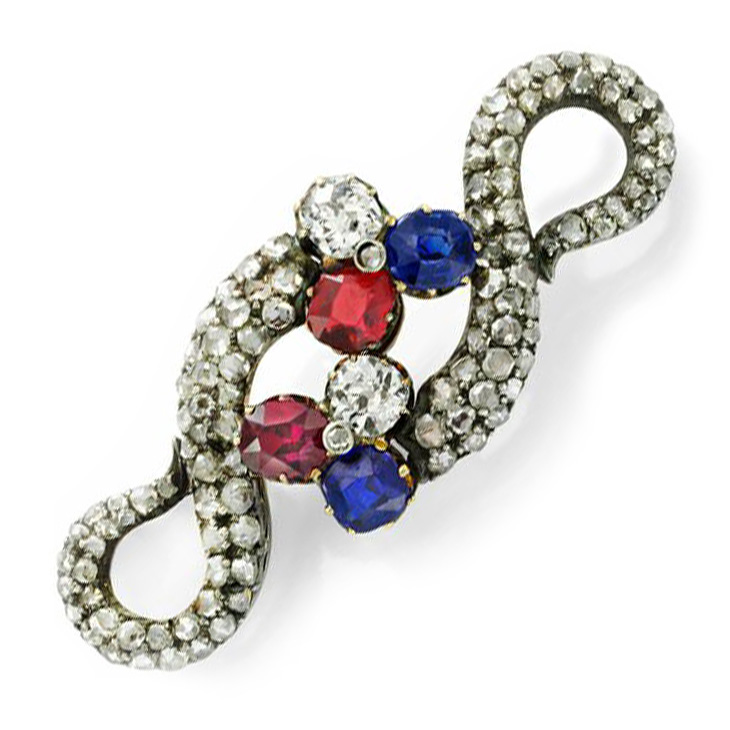 An Antique Sapphire, Ruby and Rose-cut Diamond Brooch, 19th Century