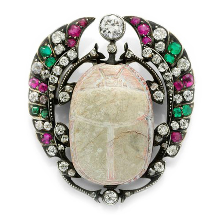 An Antique Ancient Carved Scarab, Emerald, Ruby and Diamond Brooch, late 19th Century