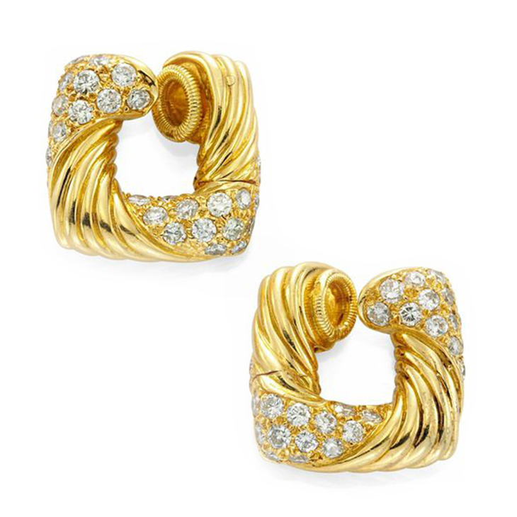 A Pair of Textured Gold and Diamond Hoop Ear Clips, by Hermes, circa 1970