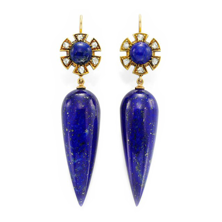 A Pair of Antique Lapis Lazuli, Diamond and Gold Ear Pendants, circa 19th Century
