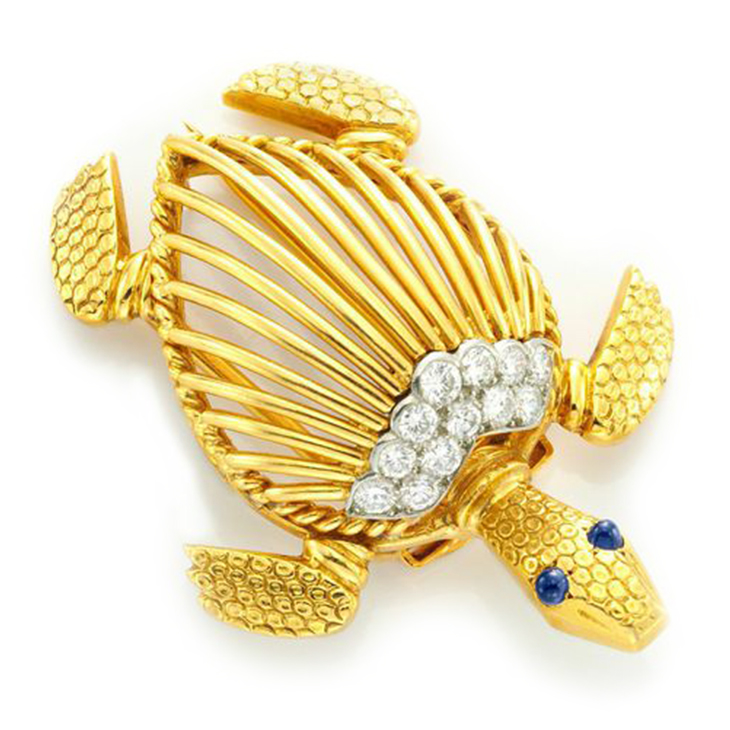 A Cabochon Sapphire, Circular-cut Diamond and Gold Turtle Brooch, by Cartier, circa 1960