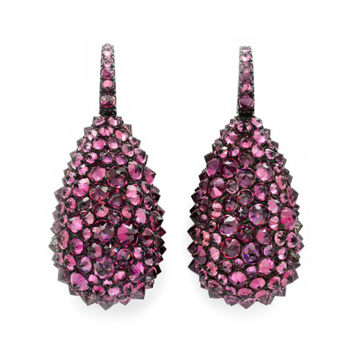 A Pair of Rhodolite Garnet, Silver and White Gold Ear Pendants, by Hemmerle