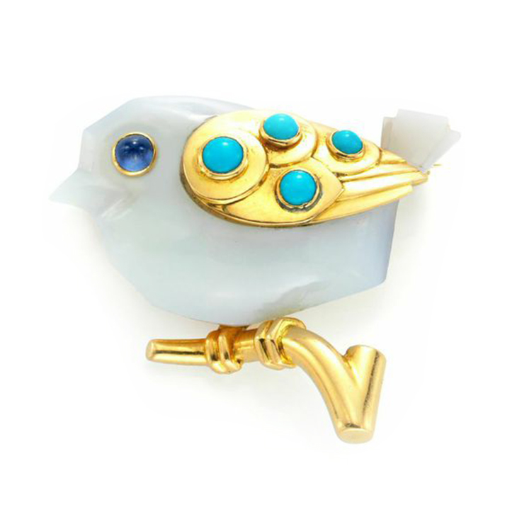 A Turquoise, Agate and Gold Bird Brooch, by Cartier, circa 1950