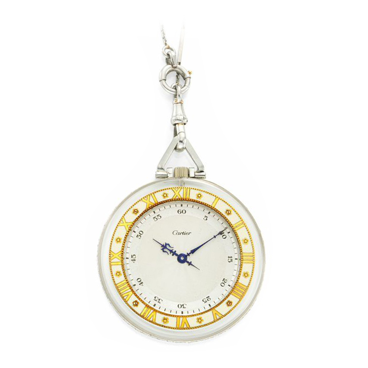 An Art Deco Rock Crystal, Enamel and Rose-cut Diamond Pocket Watch, by Cartier, circa 1920