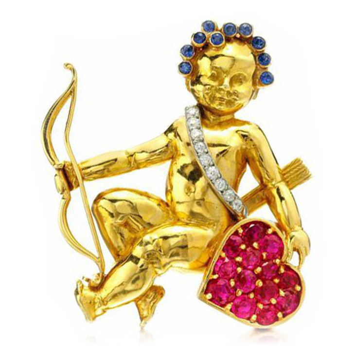 A Sapphire, Ruby and Diamond Cherub Brooch, by Van Cleef & Arpels, circa 1940