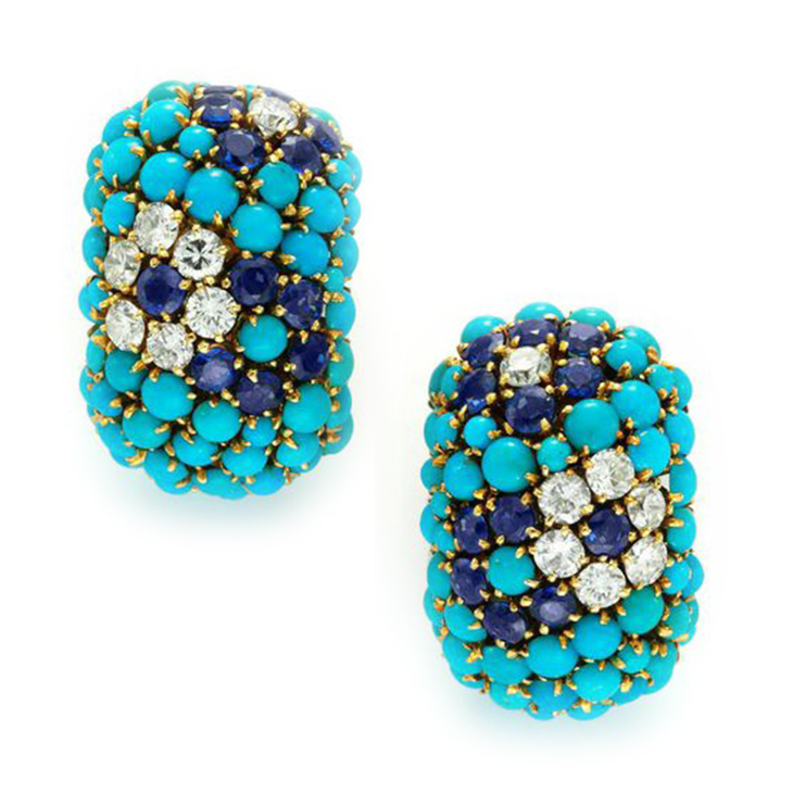 A Pair of Turquoise, Sapphire and Diamond Bombé Ear Clips, by Van Cleef & Arpels, circa 1965