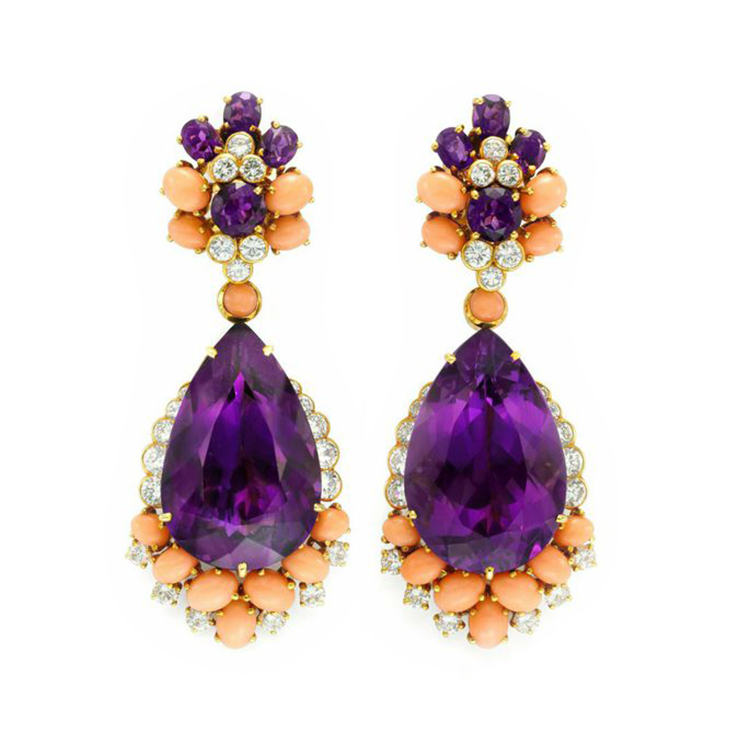A Pair of Amethyst, Coral and Diamond Ear Pendants, by Van Cleef & Arpels, circa 1960