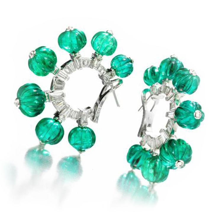 A Pair of Emerald and Diamond Ear Clips, by Bhagat