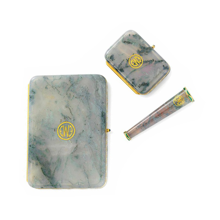 A Moss Agate and Gold Smoking Set, by Dreicer, circa 1915
