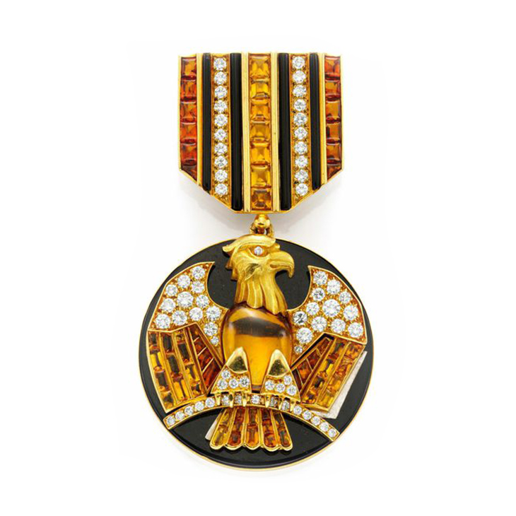 A Citrine, Gold and Onyx 'Order' Brooch, by Bulgari, circa 1980
