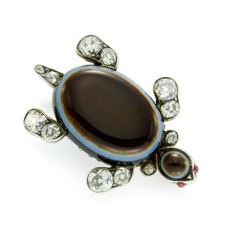 An Antique Agate, Diamond and Ruby Turtle Brooch, circa 19th Century