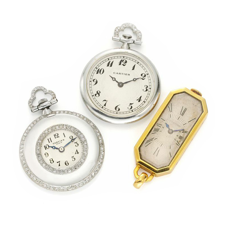 A Group of Art Deco Platinum, Diamond and Gold Pocket Watches, by Cartier