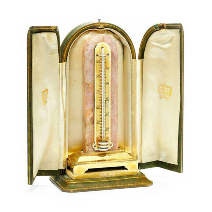 An Art Deco Enamel, Gold and Rose Quartz Desk Thermometer, by Cartier, circa 1925