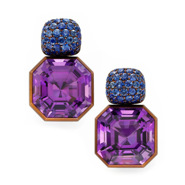 A Pair of Amethyst and Sapphire Ear Clips, by Hemmerle