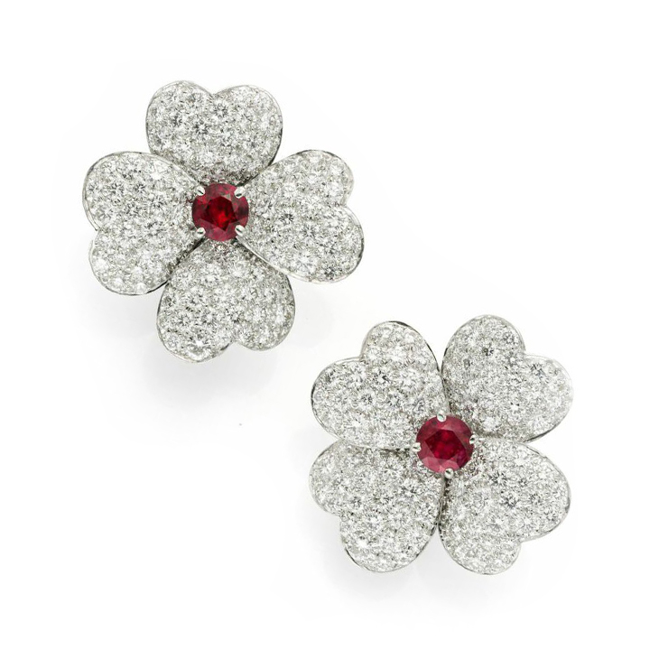 A Pair of Circular-cut Ruby and Diamond Flower Ear Clips, by Van Cleef & Arpels, circa 1980