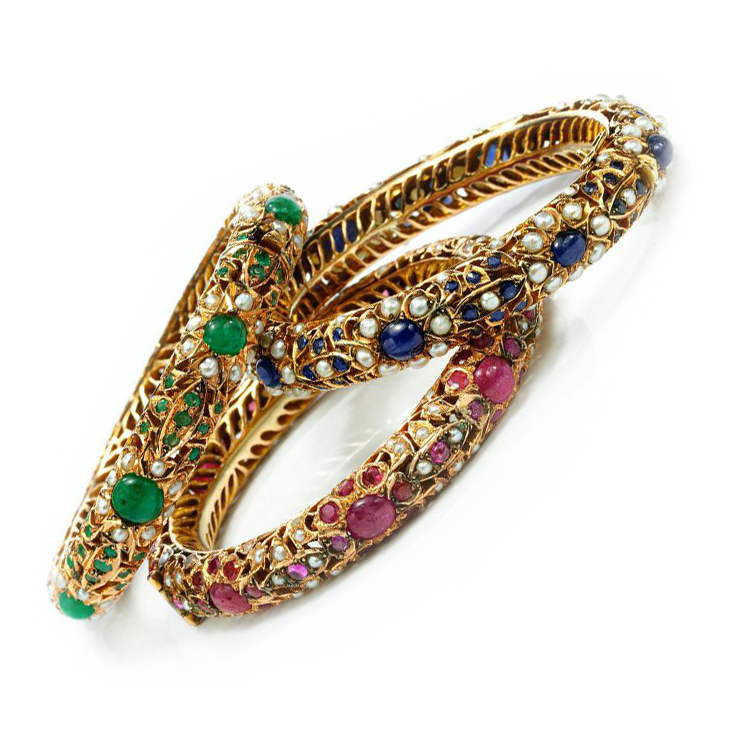 A Set of Three Multi-Gem and Gold Indo-style Bangle Bracelets, circa 1960