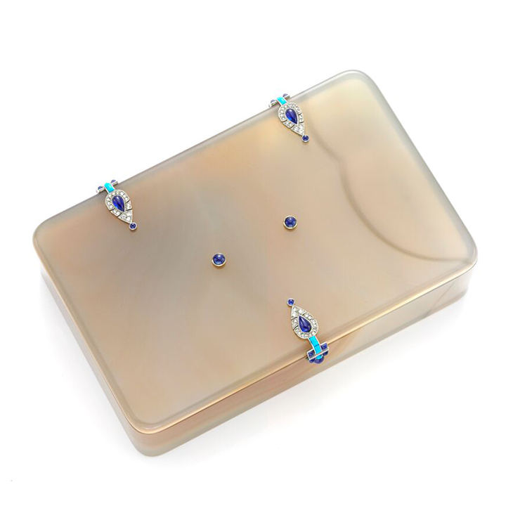 An Art Deco Agate, Lapis Lazuli, Turquoise and Diamond Box