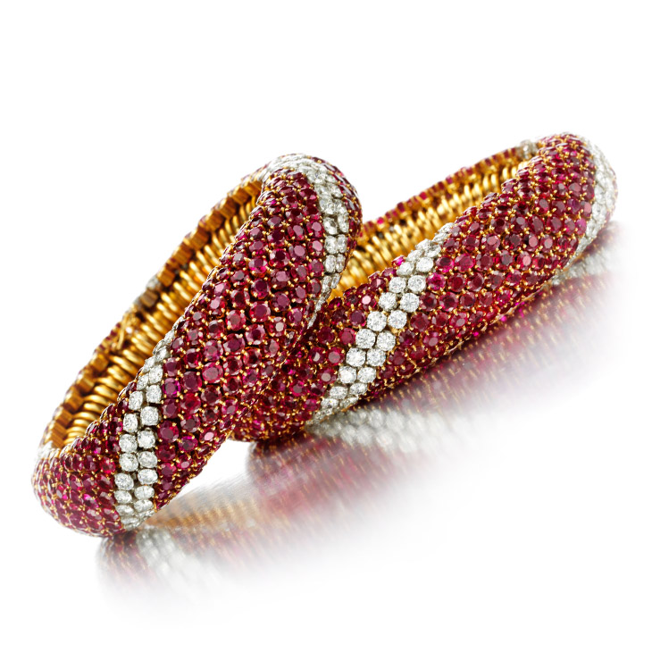 A Pair of Ruby and Diamond 'Pelouse' Bracelets, by Van Cleef and Arpels, circa 1952
