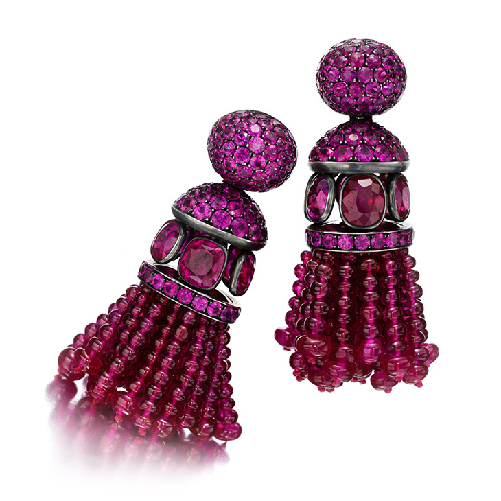 A Pair of Ruby and Pink Sapphire Tassel Ear Pendants, by Hemmerle