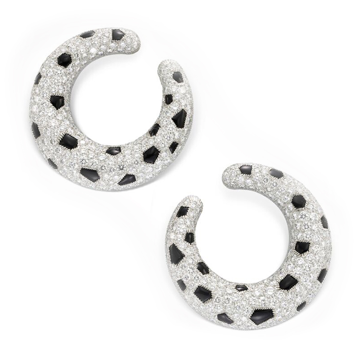 A Pair of Onyx and Diamond 'Panther' Creole Hoop Earrings, by Cartier