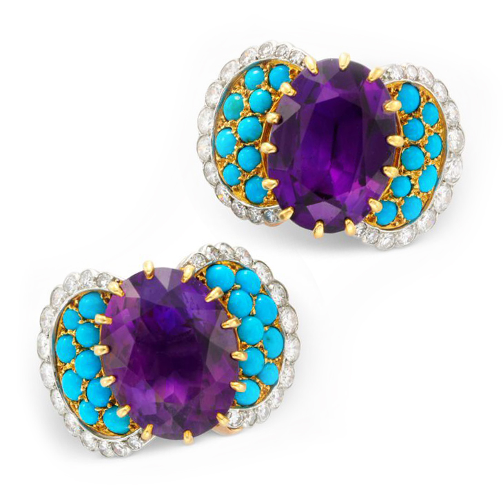 A Pair of Amethyst, Turquoise and Diamond Ear Clips, by Cartier, circa 1955