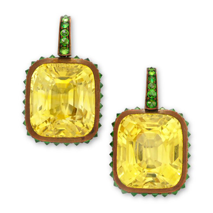 A Pair of Yellow Sapphire and Demantoid Garnet Ear Pendants