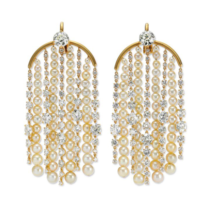 A Pair of Natural Pearl and Cushion-cut Diamond Ear Pendants, by SABBA