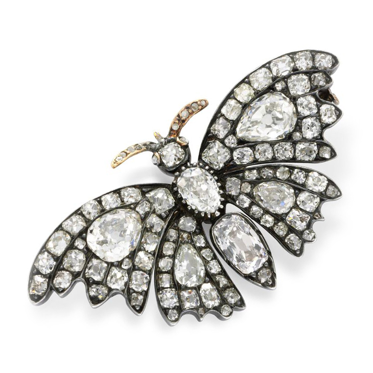 An Antique Old Mine and Old European-cut Diamond Butterfly Pin Brooch, circa 19th Century