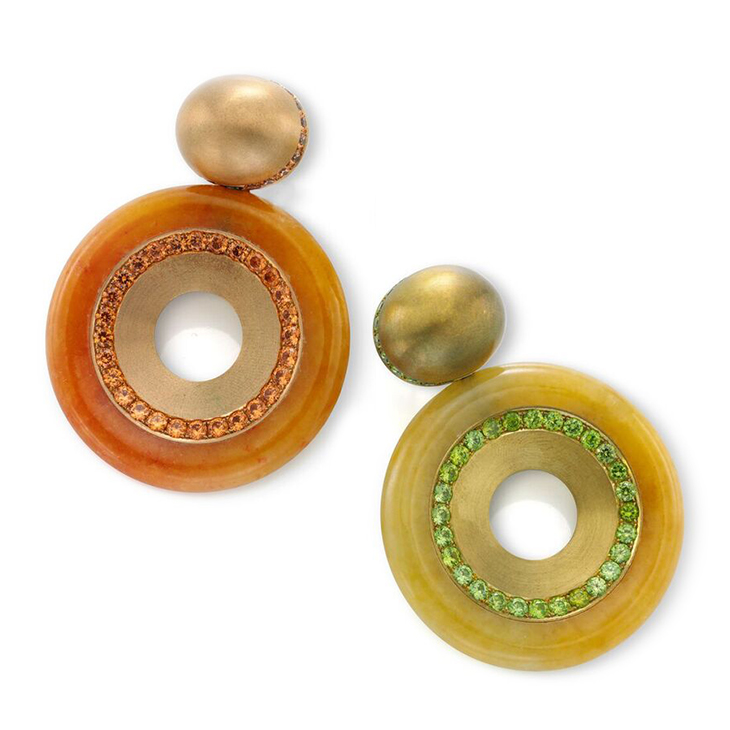 A Pair of Garnet, Spessartite and Jade Ear Clips, by Hemmerle