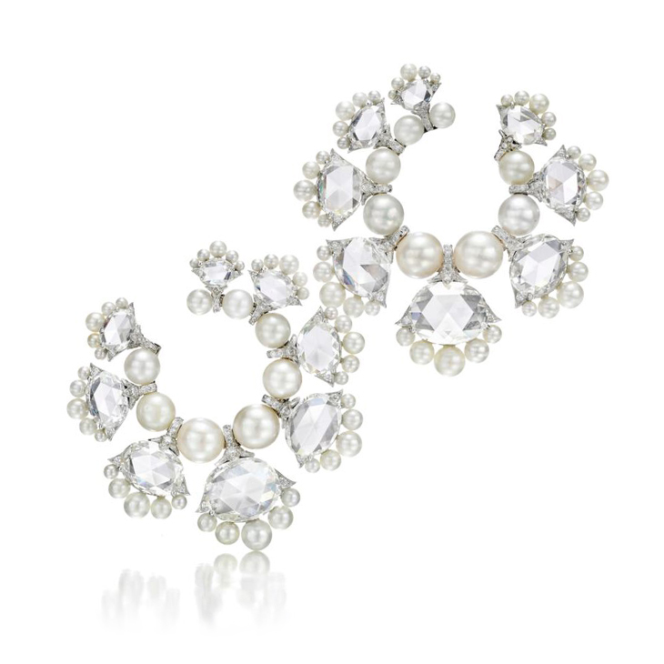 A Pair of Natural Pearl and Diamond Hoop Ear Clips, by Bhagat