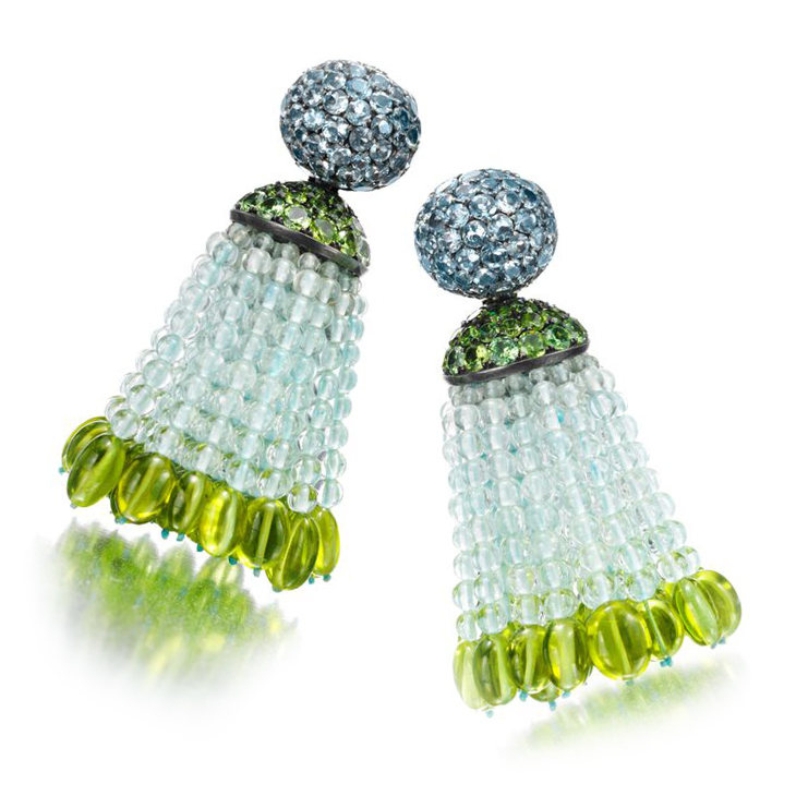 A Pair of Aquamarine, Peridot and Demantoid Garnet Tassel Ear Pendants, by Hemmerle